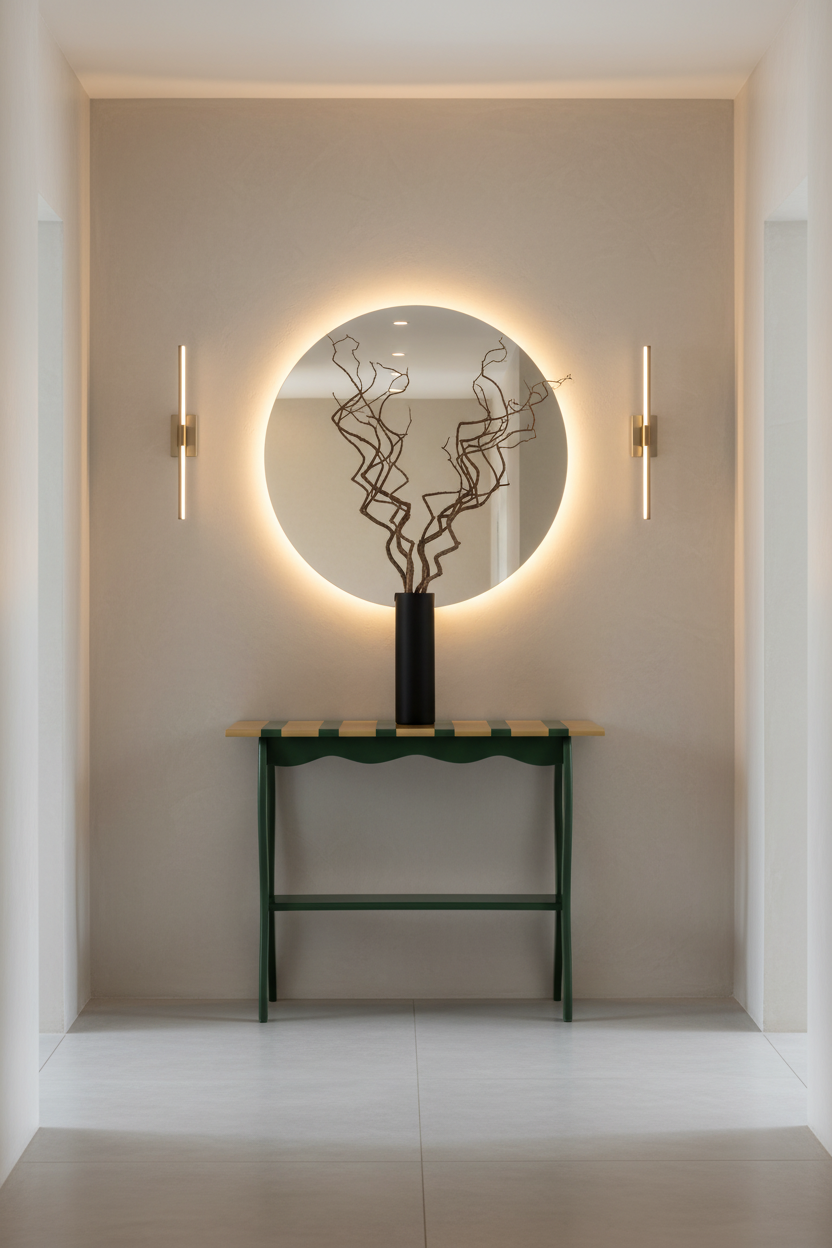 An entrance to remember. Our handcrafted statement table, featuring a rich green base and gold leaf detailing, anchors this modern minimalist entryway with personality and artisan charm.