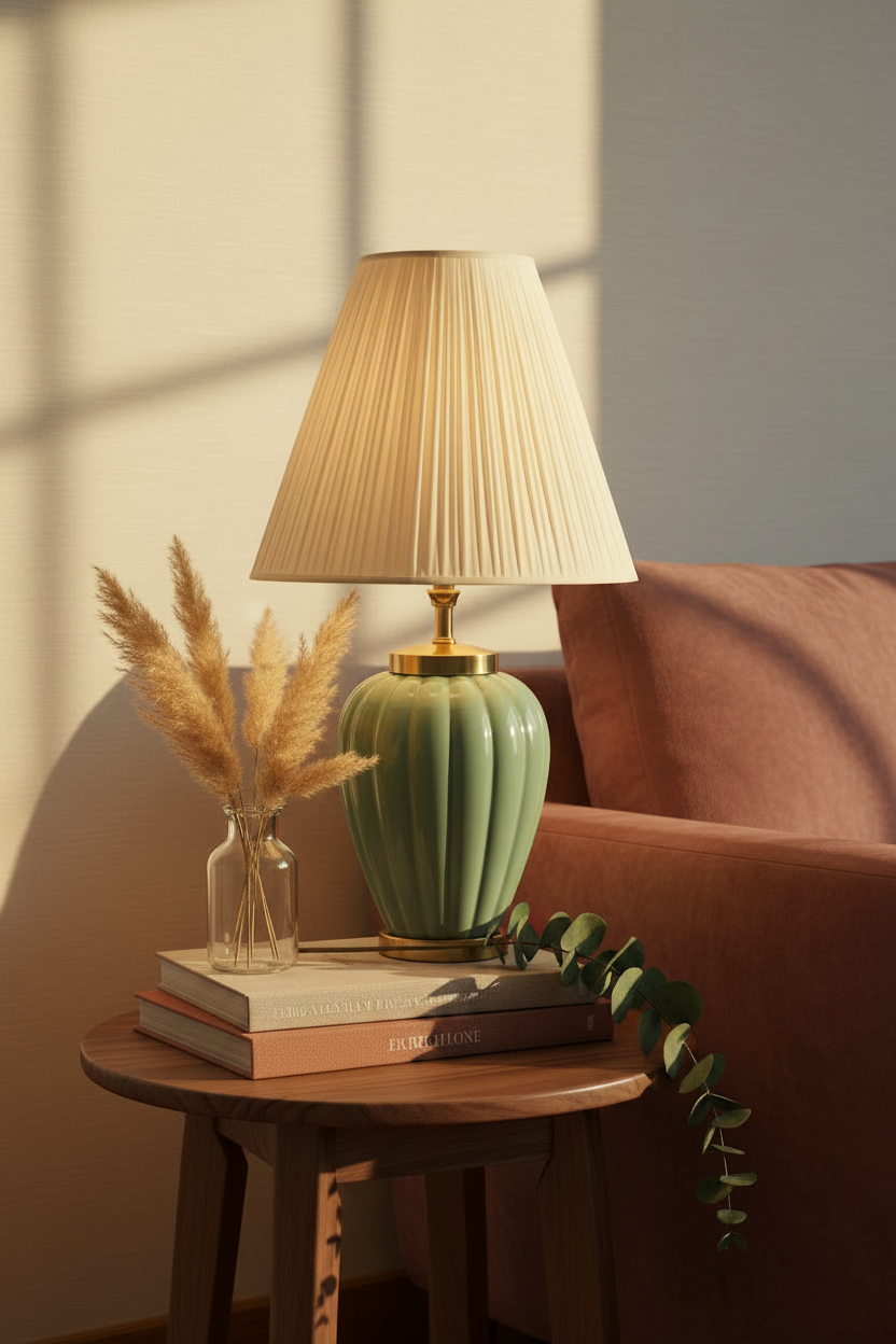 Vintage Pleated Shade Table Lamp – Teal Ribbed Ceramic Base with Gold Accents (32”H × 18”W)