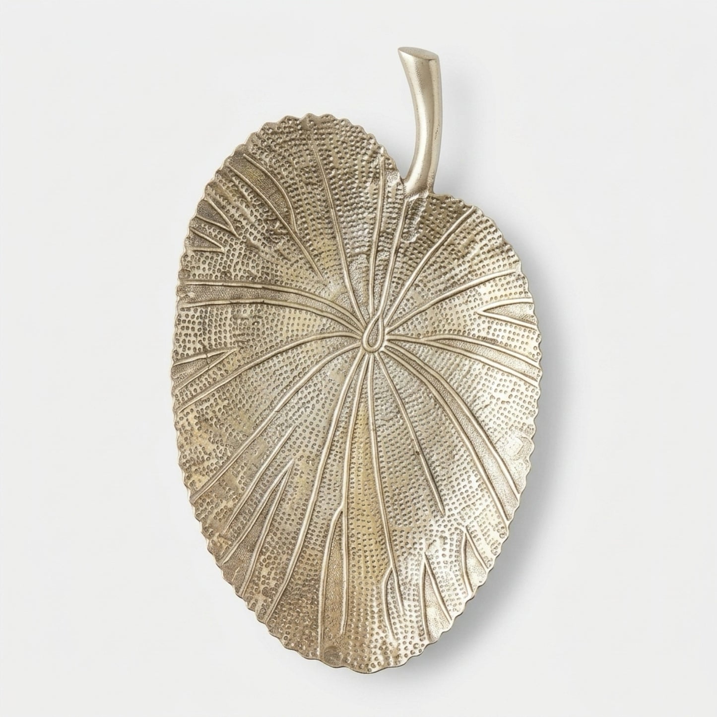Textured champagne gold cast metal elephant ear leaf catchall tray with polished handle stem