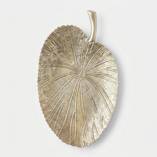 Textured champagne gold cast metal elephant ear leaf catchall tray with polished handle stem
