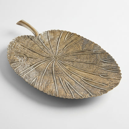 Textured champagne gold cast metal elephant ear leaf catchall tray with polished handle stem