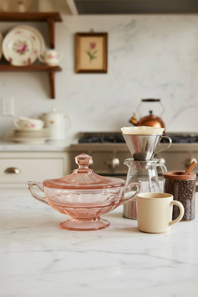 The pink depression glass lidded sugar bowl displayed on a marble kitchen island alongside a coffee pour-over setup, a mug, and coffee beans, showcasing its practical use in a modern home. The background features a vintage-style kitchen with open shelving and a brass kettle.