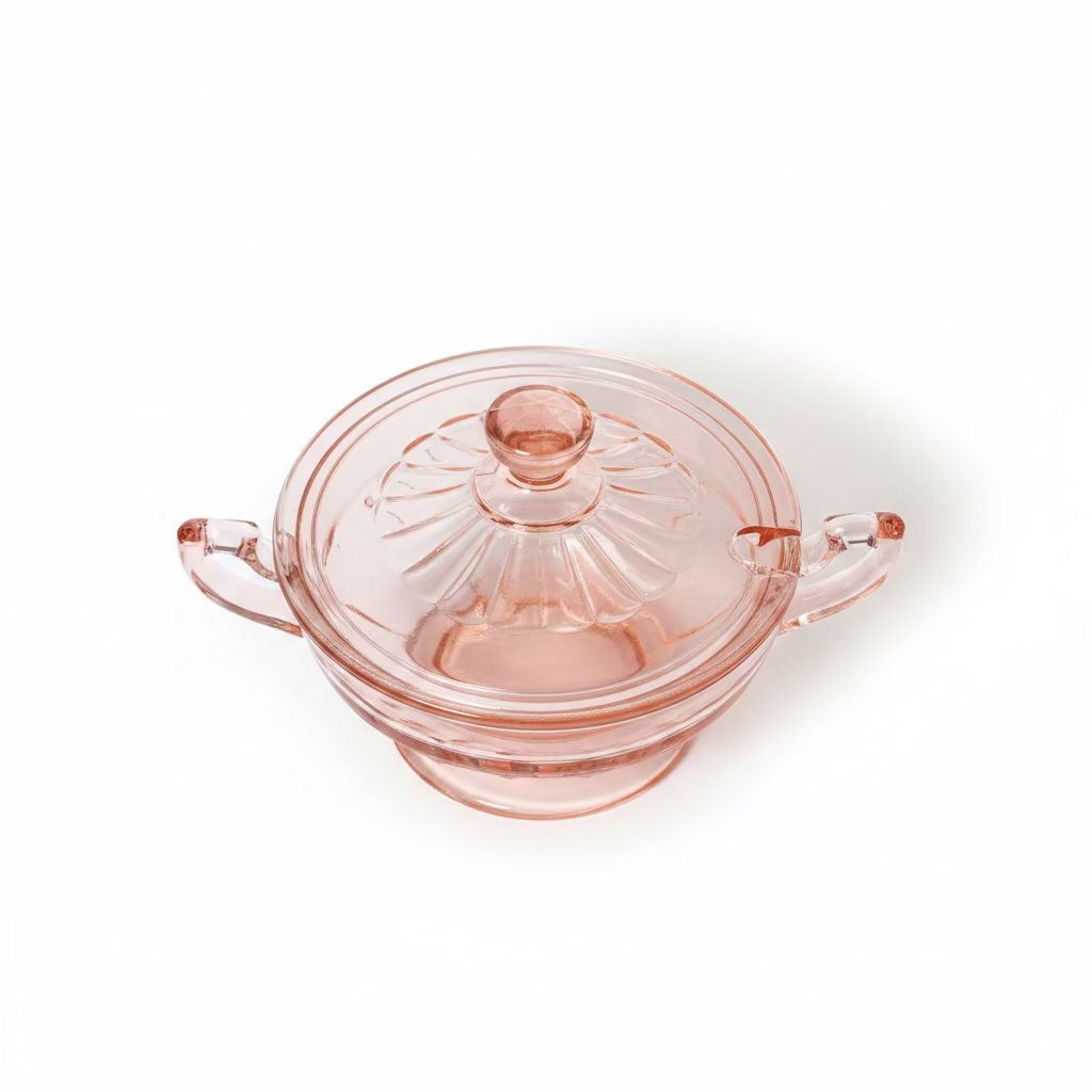 Top-down perspective looking at the lidded pink depression glass sugar bowl, focusing on the decorative faceted finial and the fluted pattern on the lid, set against a white background.