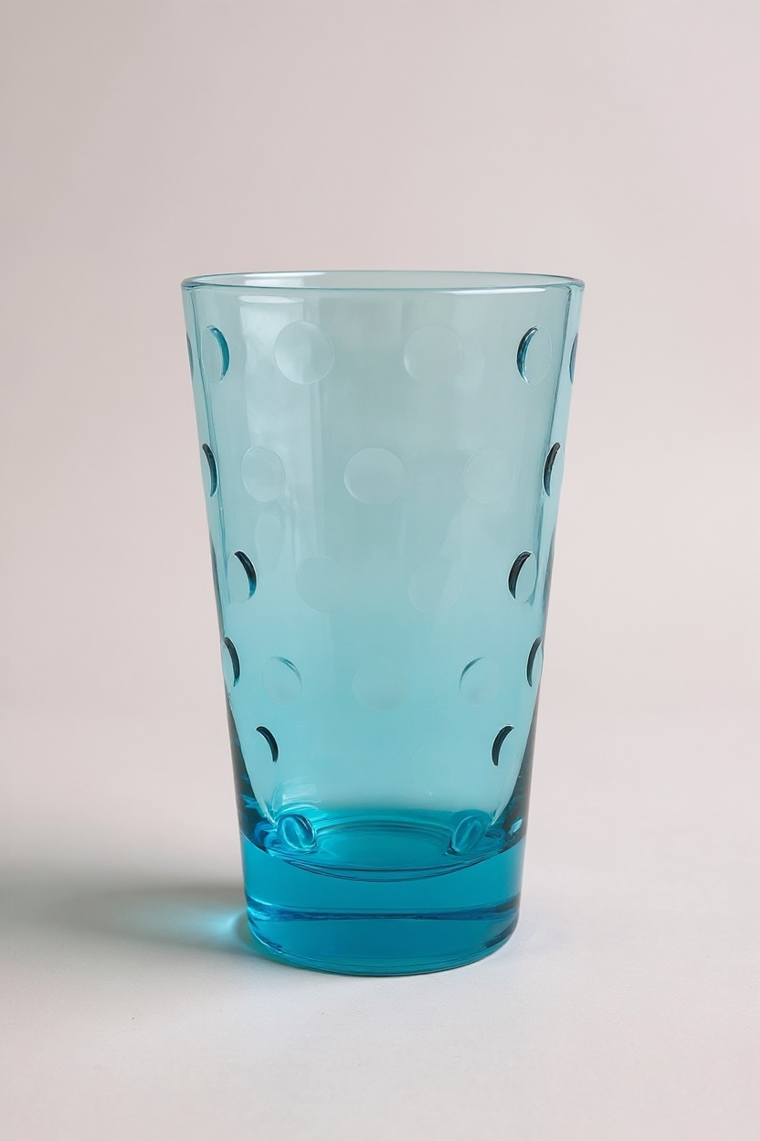 Turquoise glass with dot patterns on a light gray background

