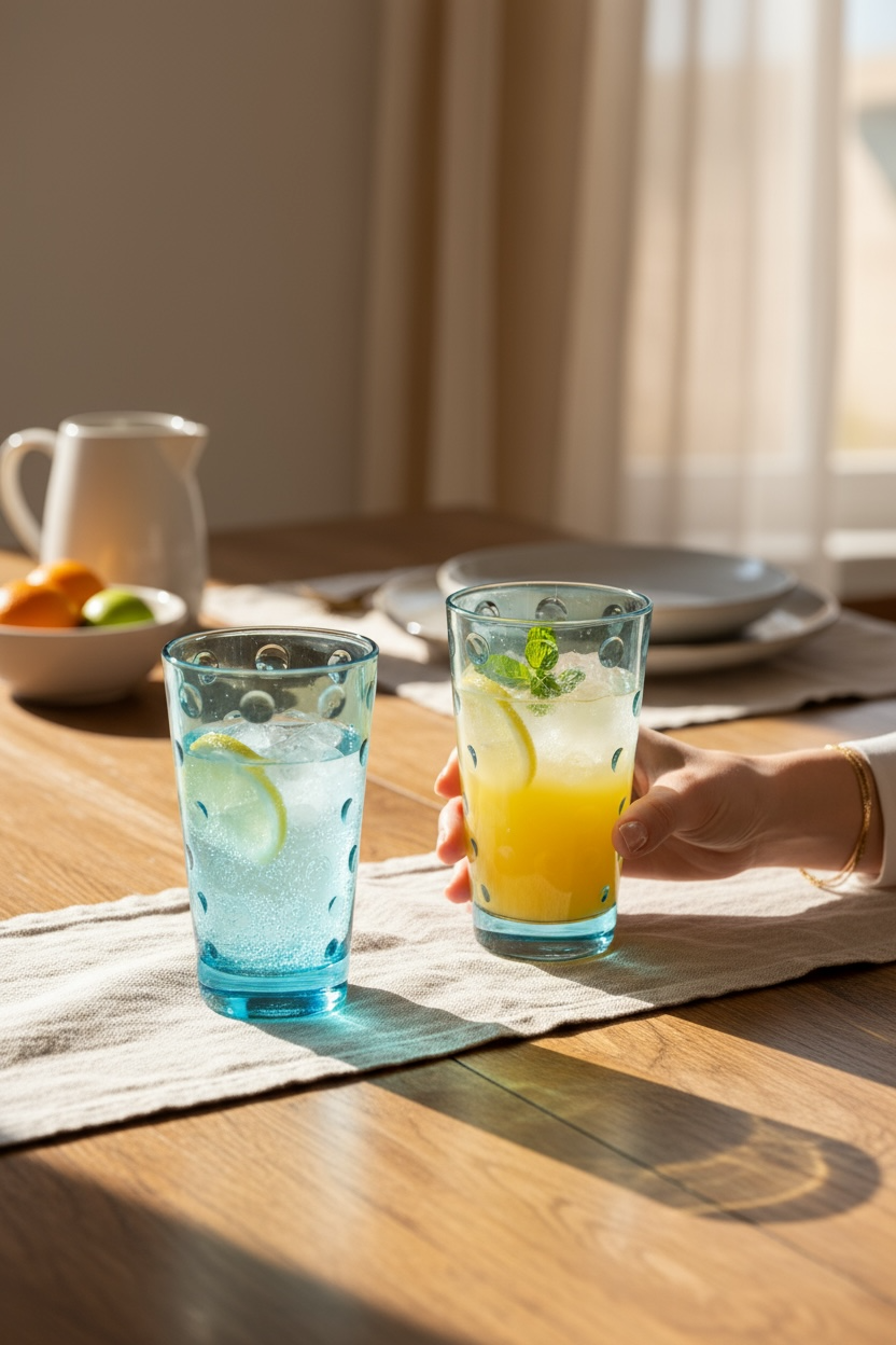 Two glasses of colorful drinks on a wooden table with a blurred background

