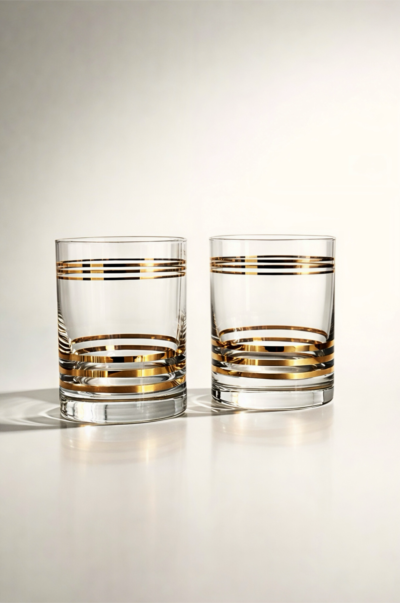 Two lowball glasses with gold stripes on a light gray background