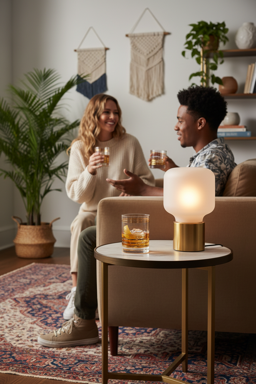 Two people sitting on a couch in a living room with drinks and a lamp.  Mid-Century Modern Hand-Blown Gold Banded Rocks Glasses | Set of 2