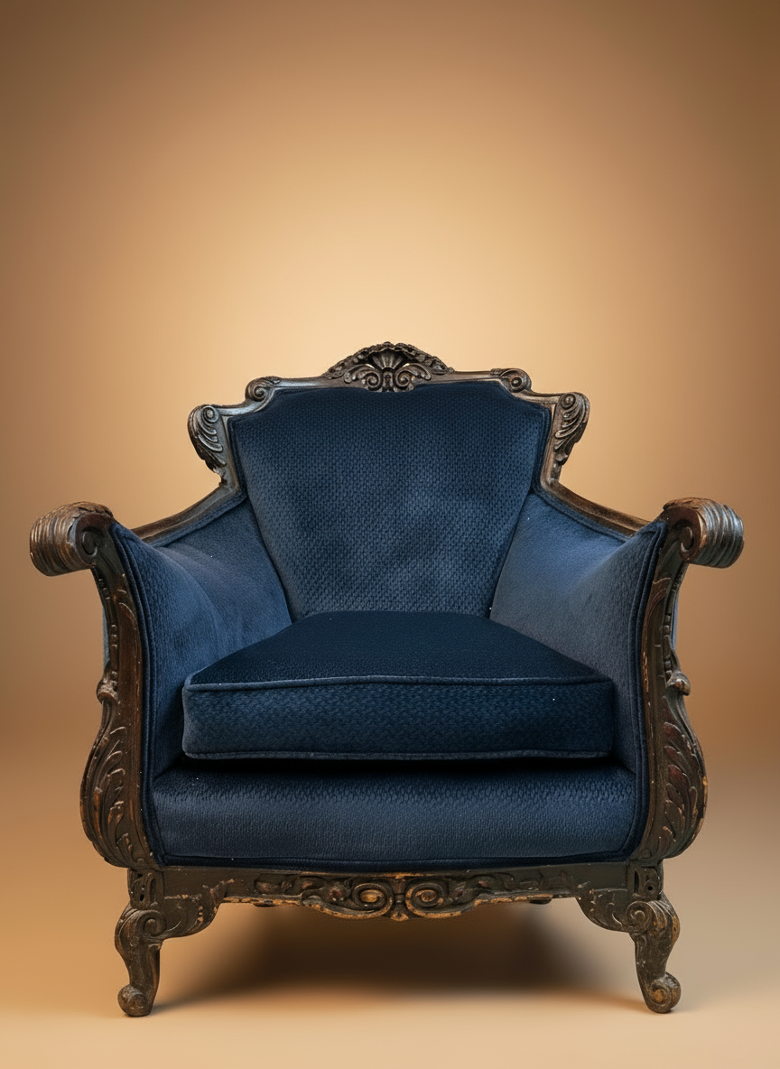 Blue upholstered armchair with ornate wooden frame on a beige background
