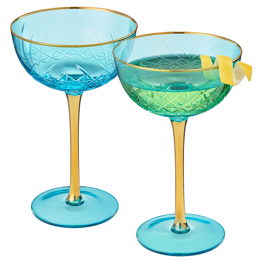 Bellissimo Crystal Champagne Coupes Set of 2 | Blue Cocktail Glassware | Khen