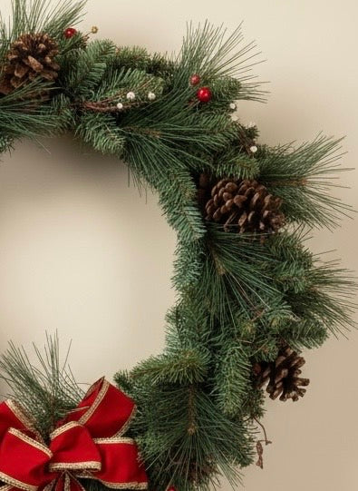 Vintage 25-inch pine Christmas wreath with red bow