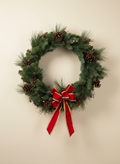 Vintage 25-inch pine Christmas wreath with red bow