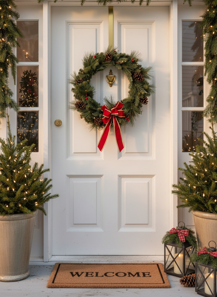Vintage 25-inch pine Christmas wreath with red bow on front door