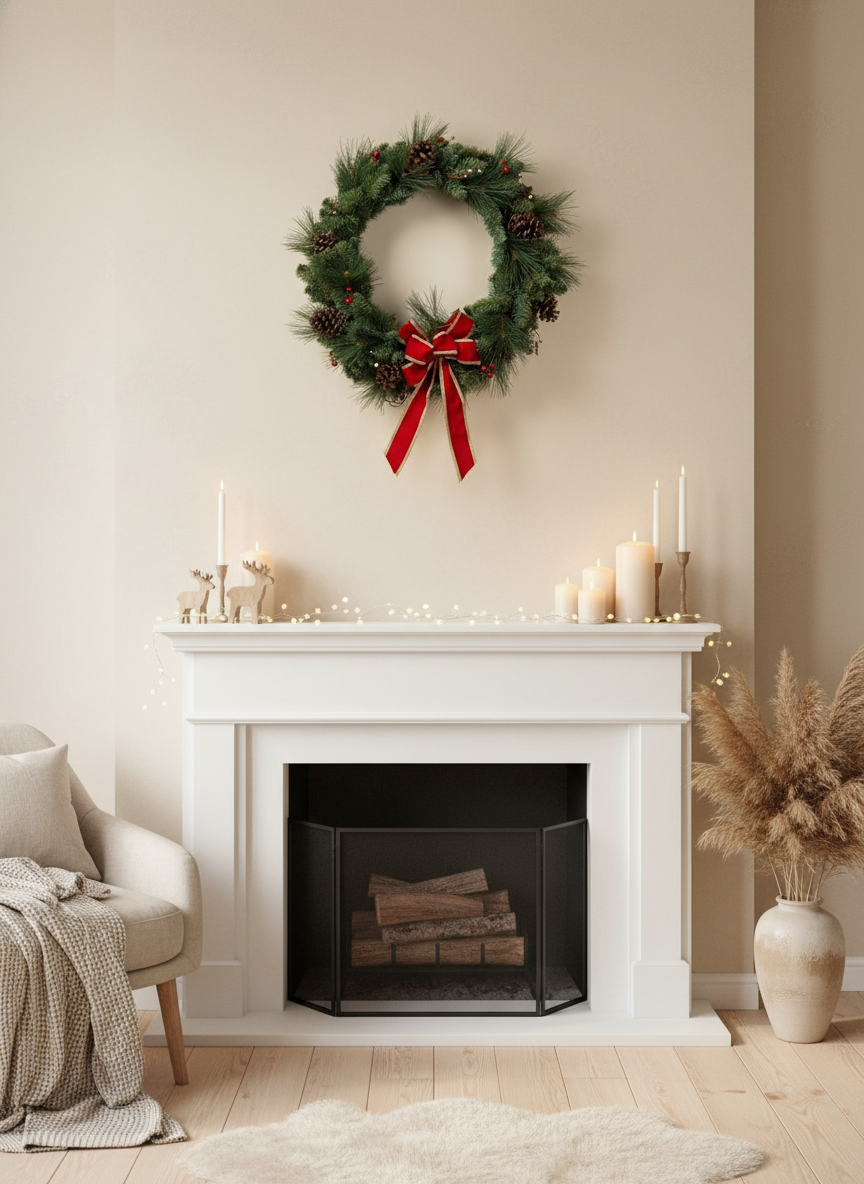 Vintage 25-inch pine Christmas wreath with red bow over fireplace