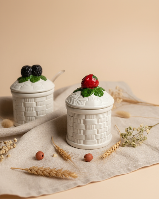 Two white ceramic containers with decorative lids on a white surface with fruits and herbs.

