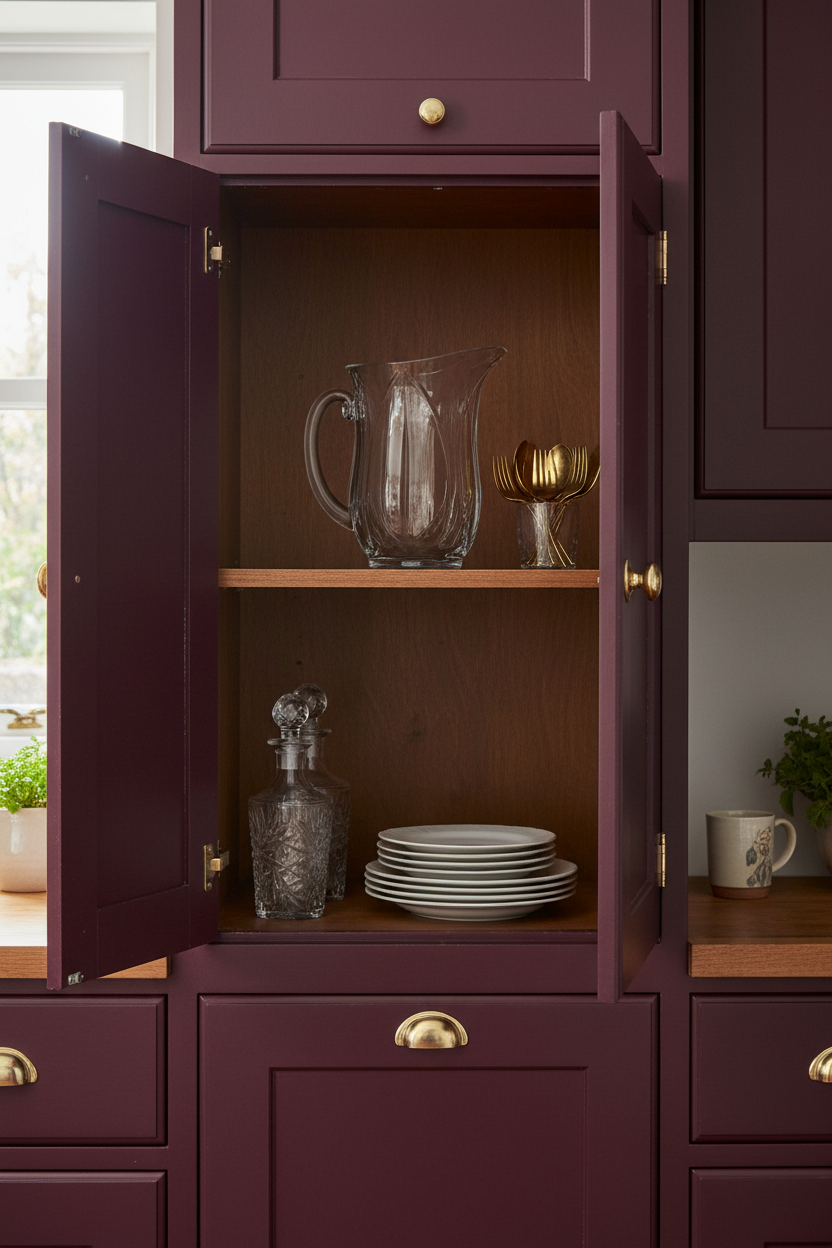 Open maroon cabinet with gold handles displaying glassware and plates.