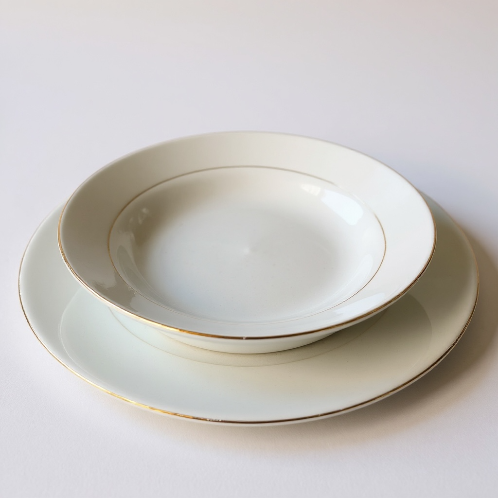 Set of ceramic plates with gold rims on a white background

