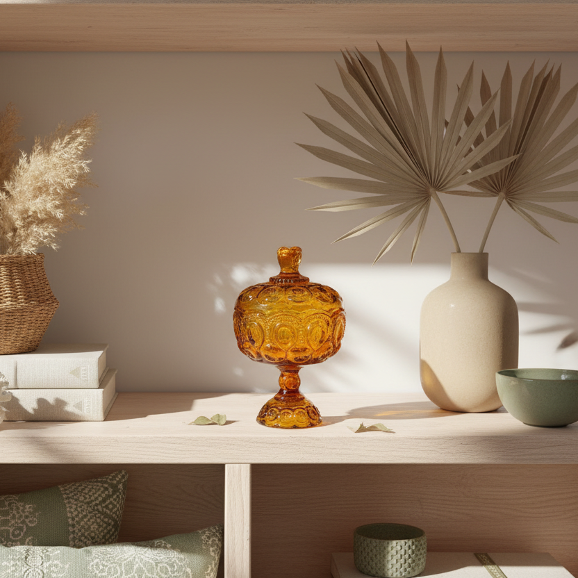 Vintage Indian glass candy dish sitting on Decorative shelf with books, a vase, and decorative items against a neutral wall.