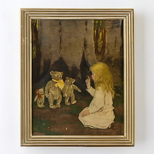 Vintage Jessie Willcox Smith Goldilocks and the Three Bears print in 11x14 antique gold and white frame