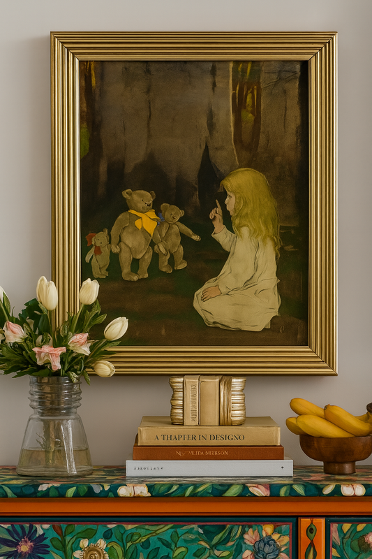 Vintage Jessie Willcox Smith Goldilocks and the Three Bears print in 11x14 antique gold and white frame Staged