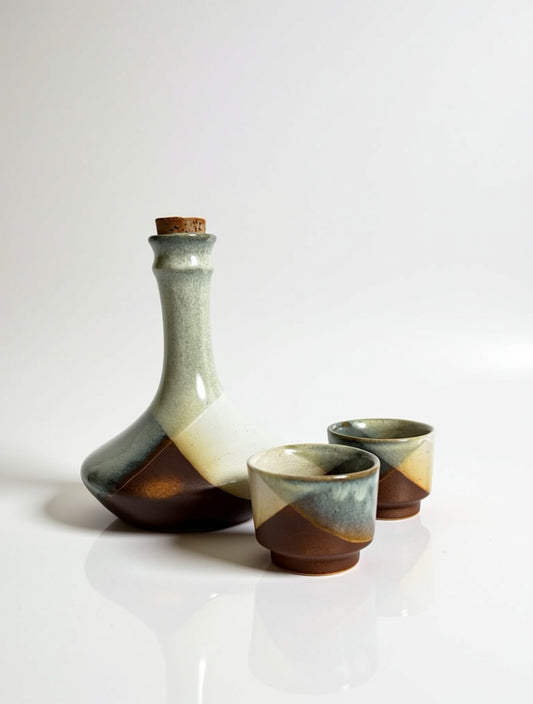 Vintage Pottery Craft stoneware decanter set with two tumblers, featuring a 1970s mid-century modern geometric patchwork glaze in seafoam green, cream, and chocolate brown.
