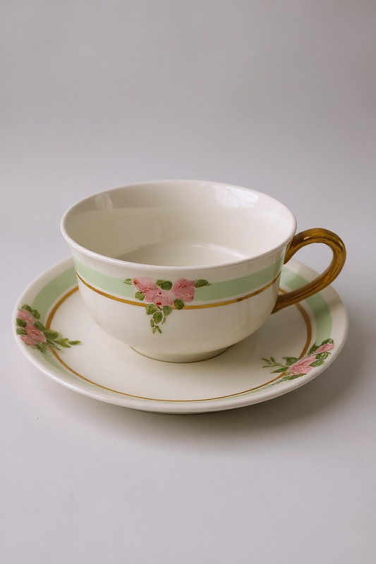 Teacup and saucer with floral design on a gray background