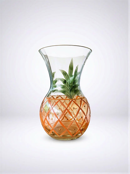 Vintage hand-blown Romanian crystal urn-shaped vase featuring a hand-painted amber pineapple lattice pattern, green fronds, and a gold-trimmed flared rim.⁠