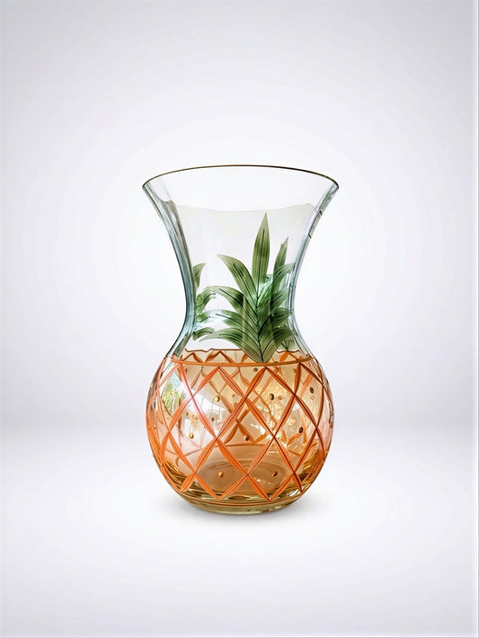 Vintage hand-blown Romanian crystal urn-shaped vase featuring a hand-painted amber pineapple lattice pattern, green fronds, and a gold-trimmed flared rim.⁠