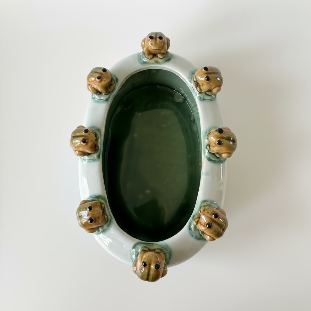 Vintage majolica style oval ceramic planter with eight molded frogs on green lily pads around the rim, white body with a brown faux-bois tree stump base.⁠