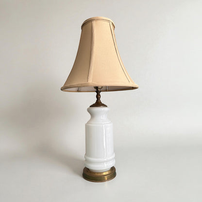 Vintage Milk Glass Table Lamp with Brass Accents & Flared Shade mid century modern 