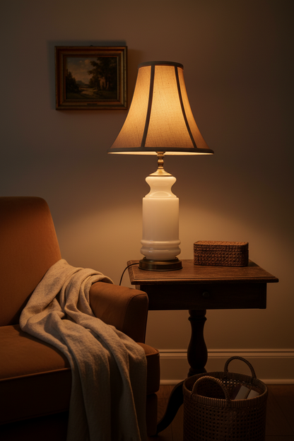 Vintage white milk glass table lamp illuminated on a small dark walnut side table beside a caramel upholstered armchair with linen throw draped over the arm, warm amber evening glow on cream walls, small framed landscape painting above, woven basket beneath table — shade shown for styling reference, not included