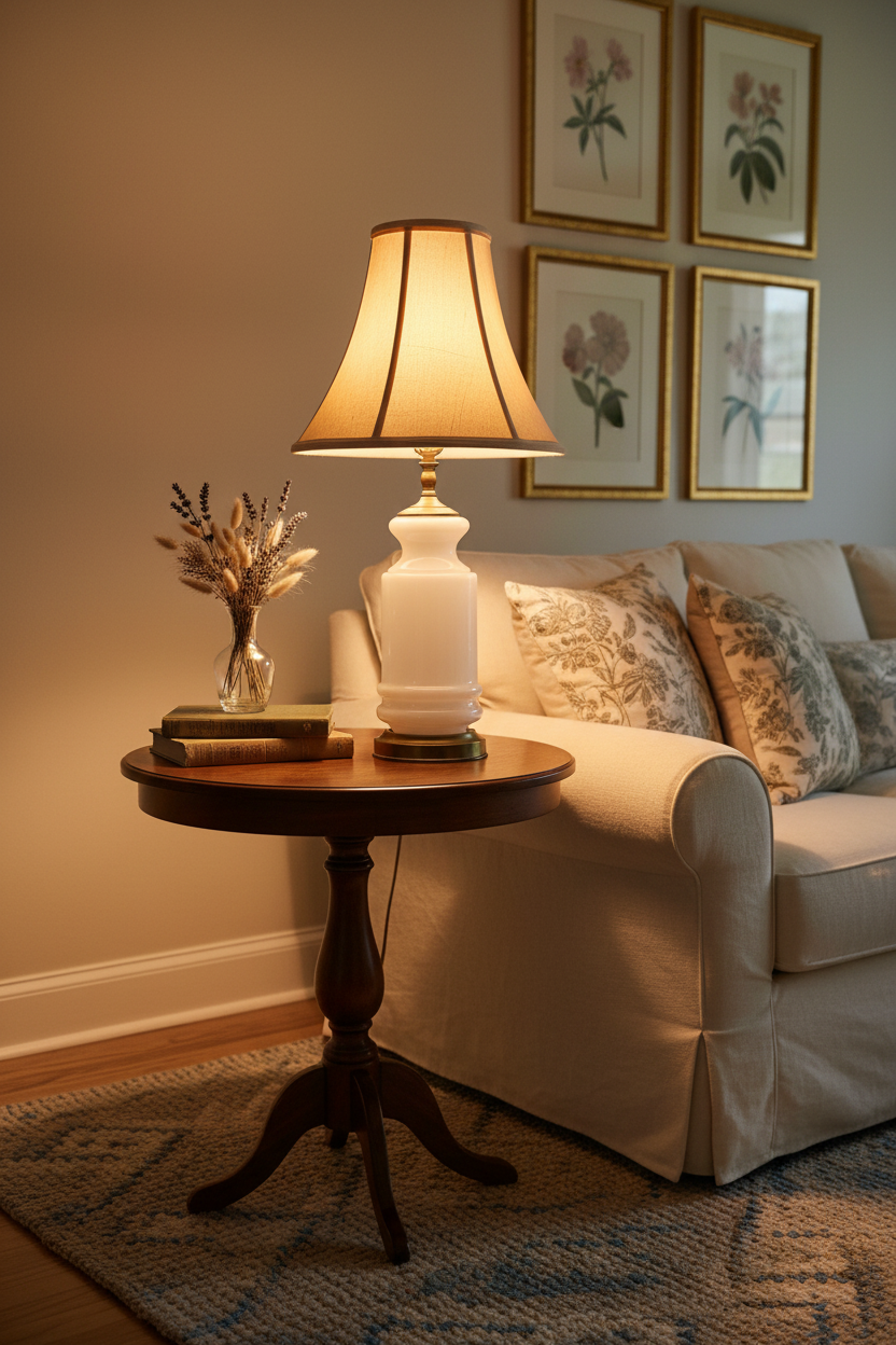 Vintage white milk glass table lamp illuminated on a round dark walnut pedestal side table beside a cream slipcovered sofa with floral and toile throw pillows, dried lavender and wheat stems in glass vase beside stacked books, gilt-framed botanical print gallery wall behind, warm amber interior light — shade shown for styling reference, not included