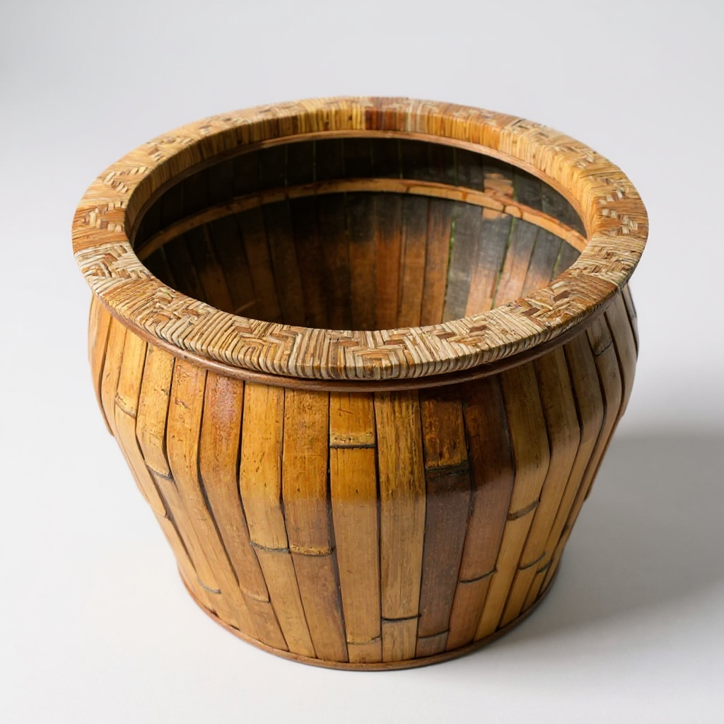 Wooden barrel-shaped planter on a white background

