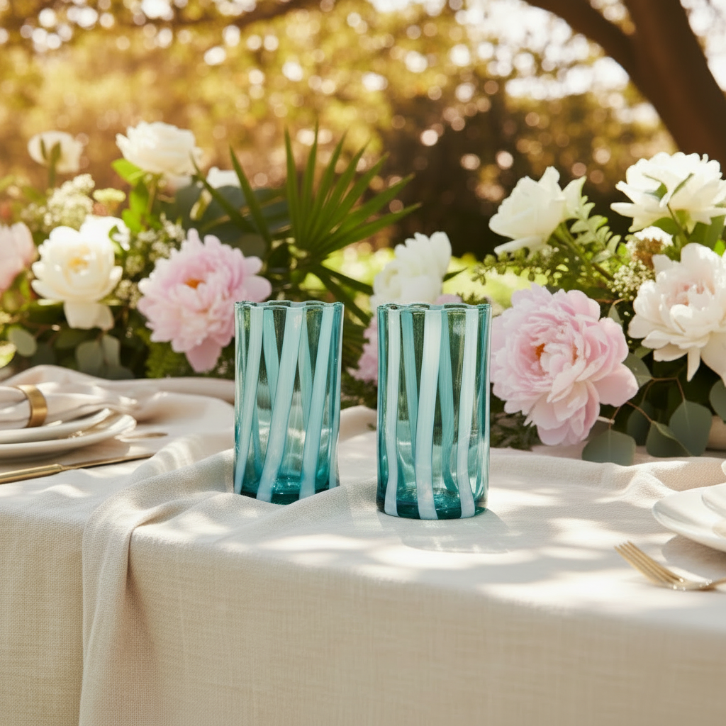 A pair of Alessandro Coppola for Vetreria Arte di Murano hand-blown blue striped glass tumblers styled on a picnic table with linen table cloth in a garden party setting