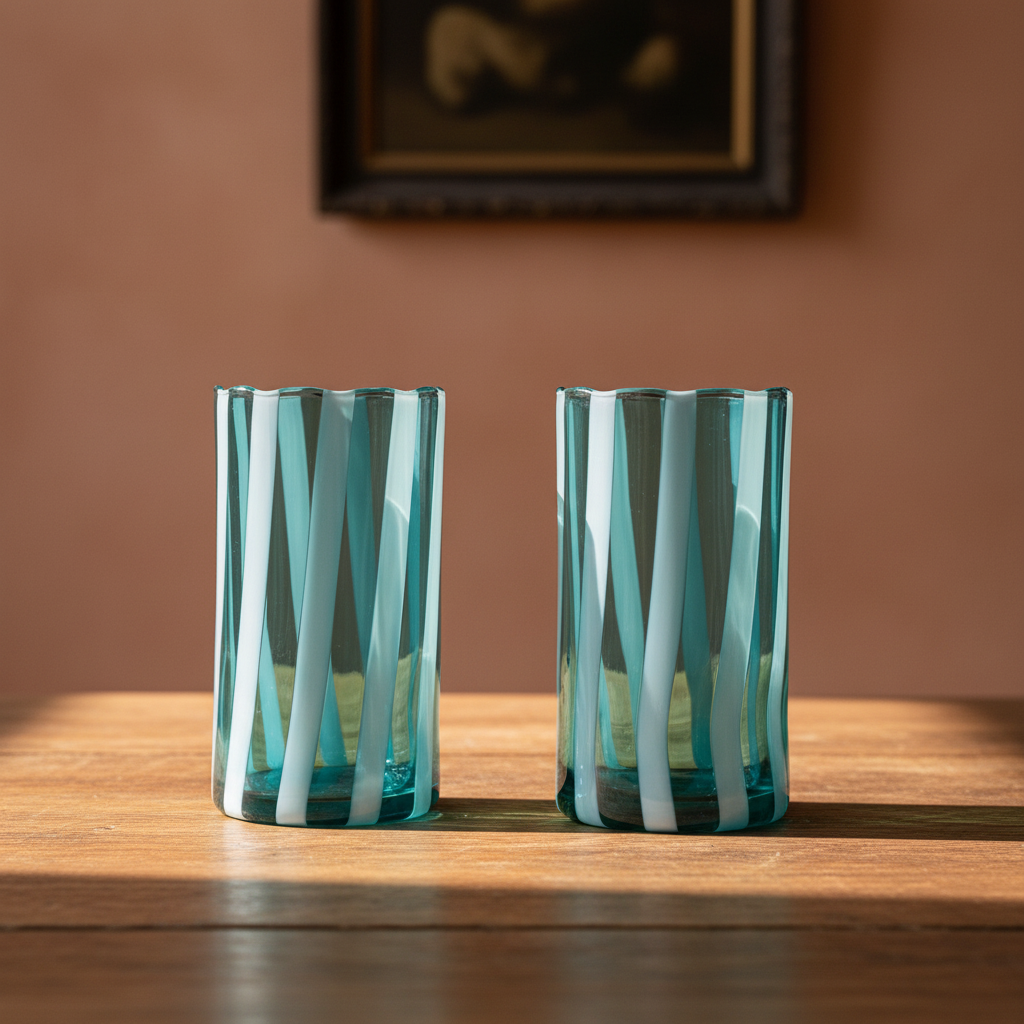 A pair of Alessandro Coppola for Vetreria Arte di Murano hand-blown blue striped glass tumblers styled on a sun-drenched wood table with a terracotta wall and blurred vintage painting in the background.
