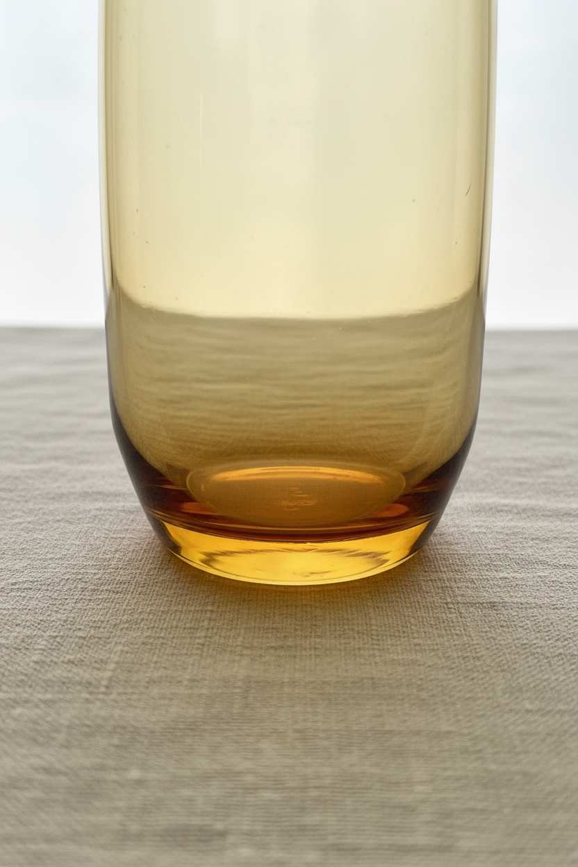 Close-up base detail of vintage amber glass highball tumbler showing thick heavy weighted bottom with warm golden-amber color concentration and smooth rounded base profile on linen surface