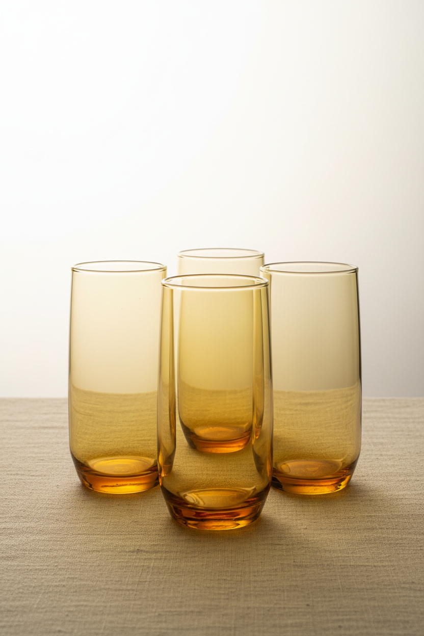 Set of four mid-century vintage amber glass highball tumblers grouped together on neutral linen surface showing warm honey-amber color, straight-sided cylindrical silhouette, and thick weighted bases