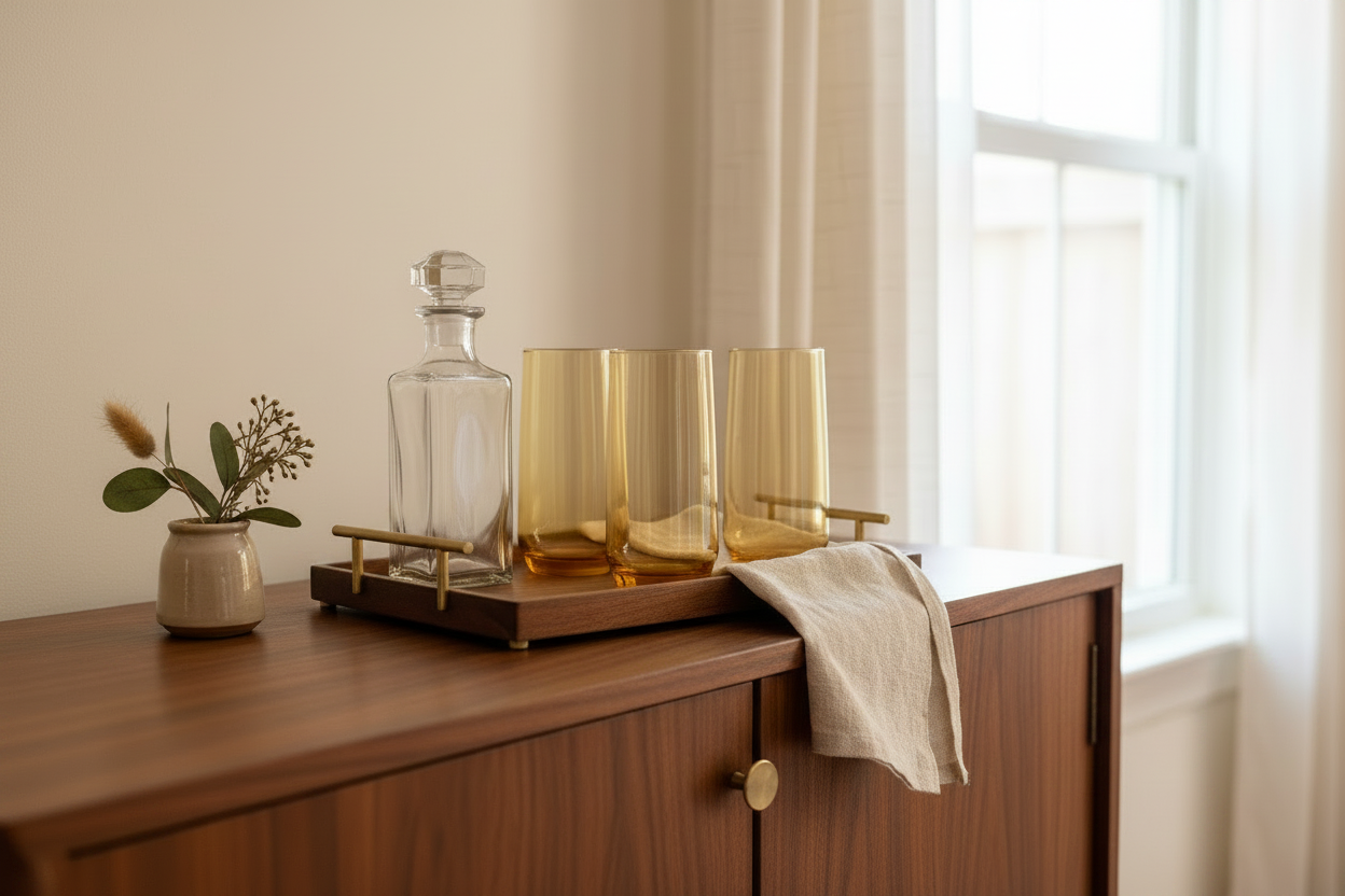 Two vintage amber glass highball tumblers styled on walnut wood bar tray alongside crystal decanter, dried botanicals, and linen napkin on dark wood sideboard in warm natural window light