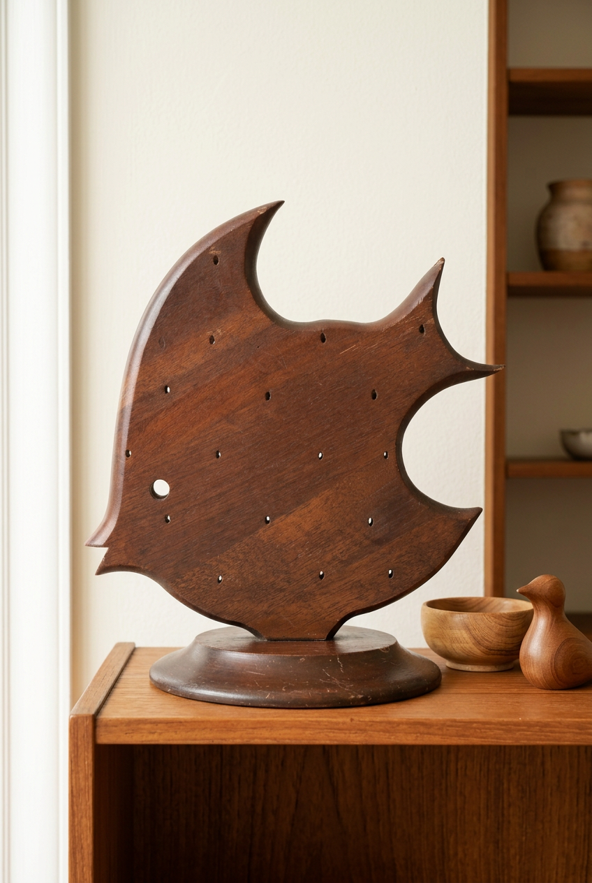 Vintage wooden angelfish holder on a wood cabinet beside a small wooden bowl and bird figurine.