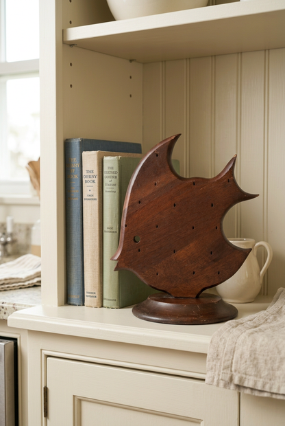 Vintage wooden angelfish holder displayed on a cream kitchen shelf beside upright books and a white ceramic pitcher.
