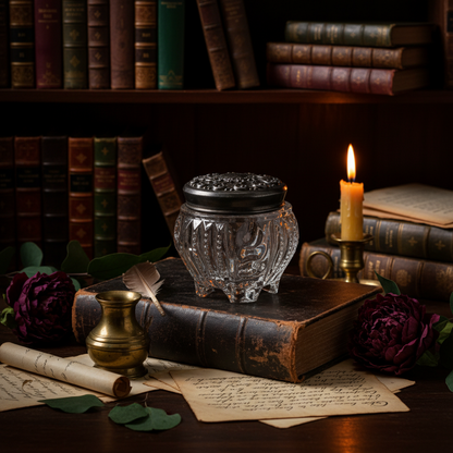 Maximalist lifestyle vignette featuring an antique glass trinket jar styled on leather-bound books next to a burning candle and brass accents