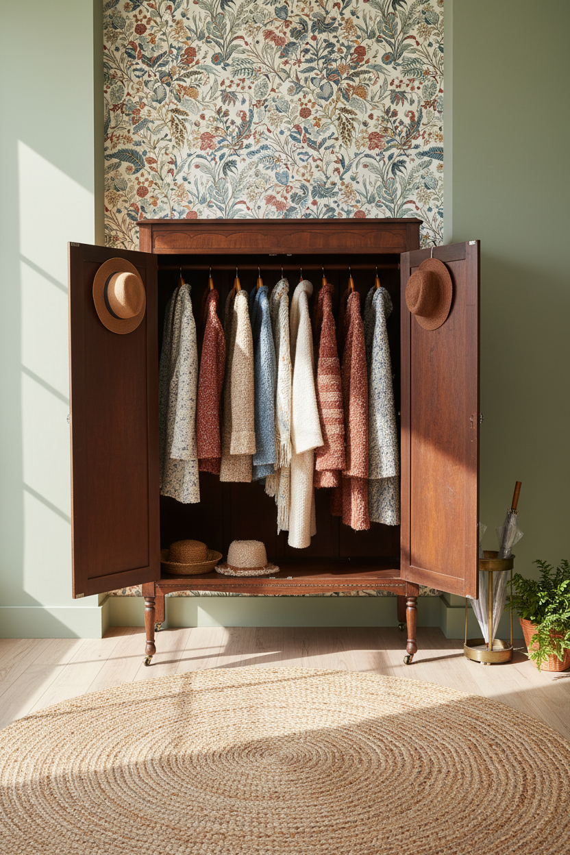 Antique Wardrobe Armoire — Early 20th Century Transitional, Tudor Revival Detail, Restored