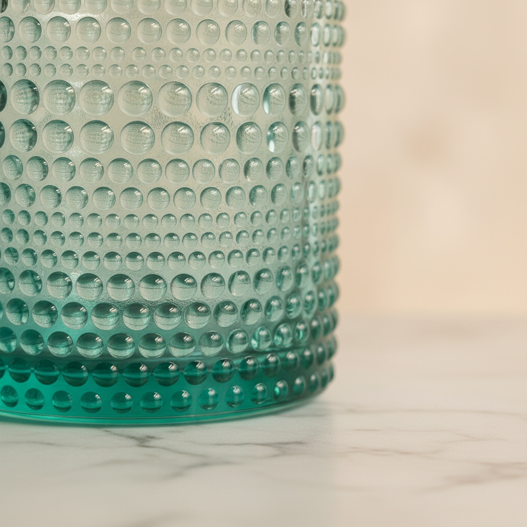Overhead angle of aqua hobnail rock glass rim showing raised beaded texture and sea-glass blue color on marble surface