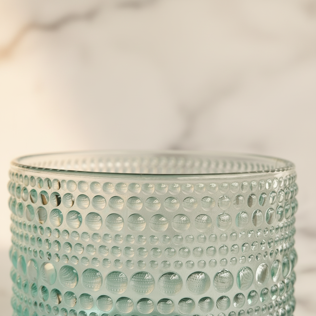 Close-up of aqua hobnail glass body showing raised circular bead pattern and deep teal base against warm backdrop