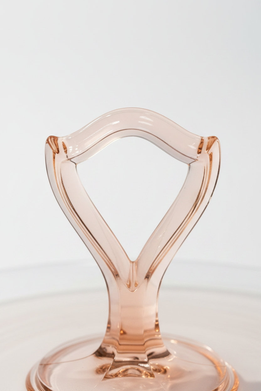 Close up macro view of the geometric Art Deco pink pressed glass center loop handle showing detail and glass clarity.