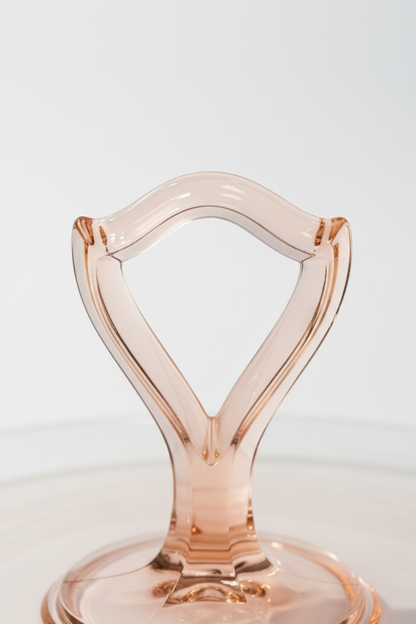 Close up macro view of the geometric Art Deco pink pressed glass center loop handle showing detail and glass clarity.