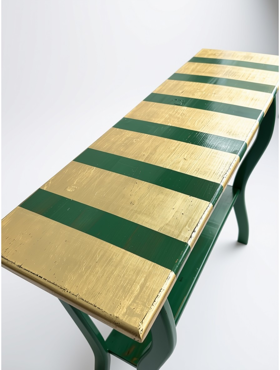 Close-up top view of an artisan console table featuring alternating bold stripes of rich green paint and hand-applied gold leaf over natural wood grain with a semi-gloss finish.