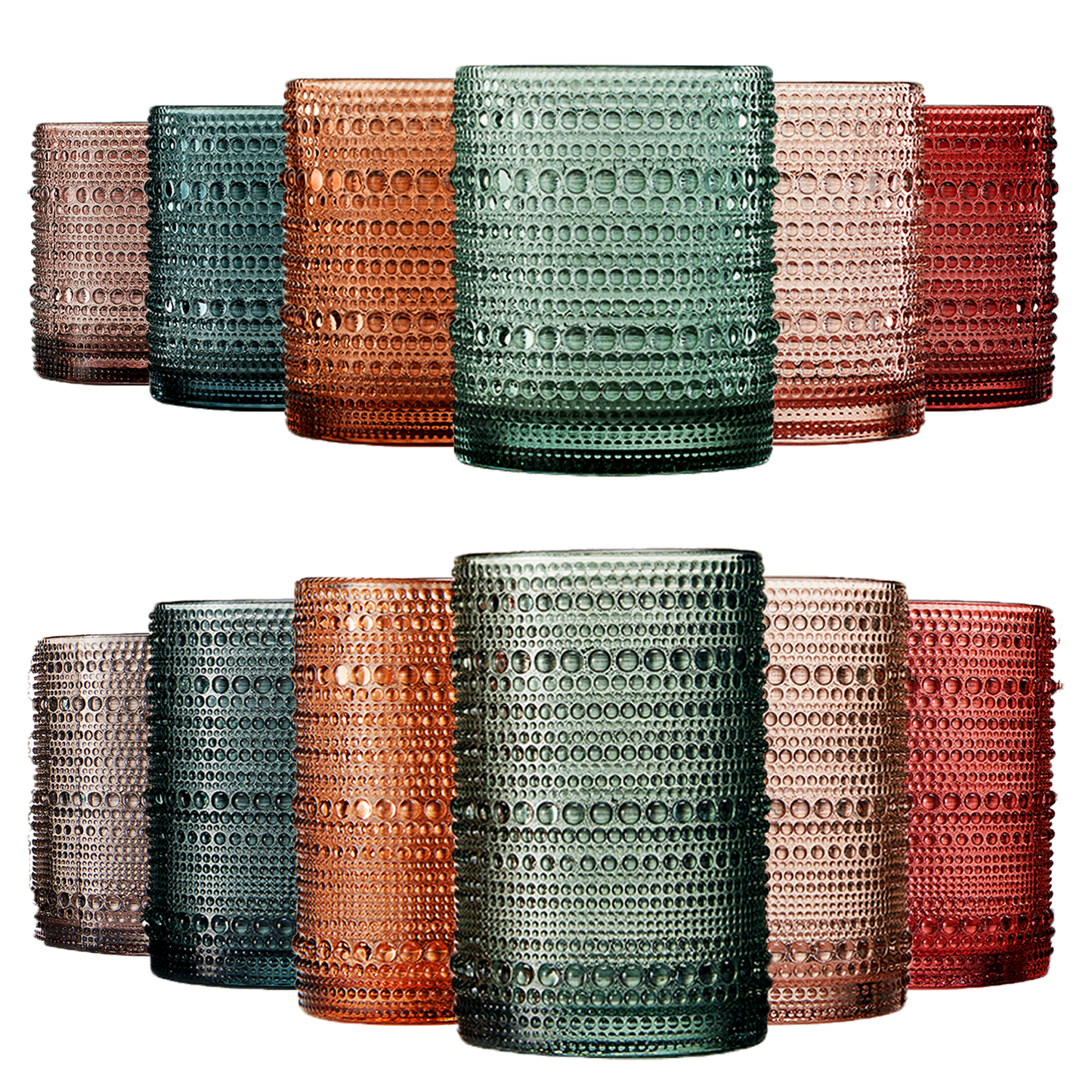 Tonal Hobnail Highball & Lowball Glasses Set of 12 | Mixed Barware Collection | Khen