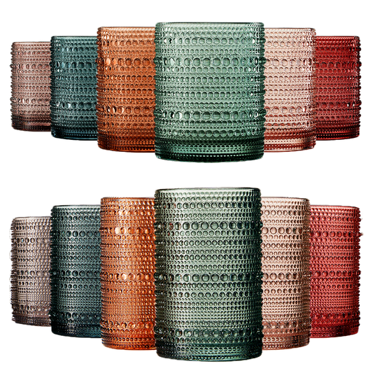 Tonal Hobnail Highball & Lowball Glasses Set of 12 | Mixed Barware Collection | Khen