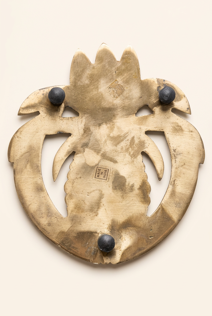 Backside of the vintage brass pineapple trivet