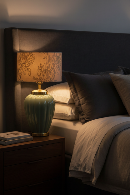 Vintage celadon ceramic table lamp illuminated on a walnut nightstand beside a dark charcoal upholstered headboard and warm neutral linen bedding, casting soft amber glow through embroidered botanical shade — shade shown for styling inspiration, not included